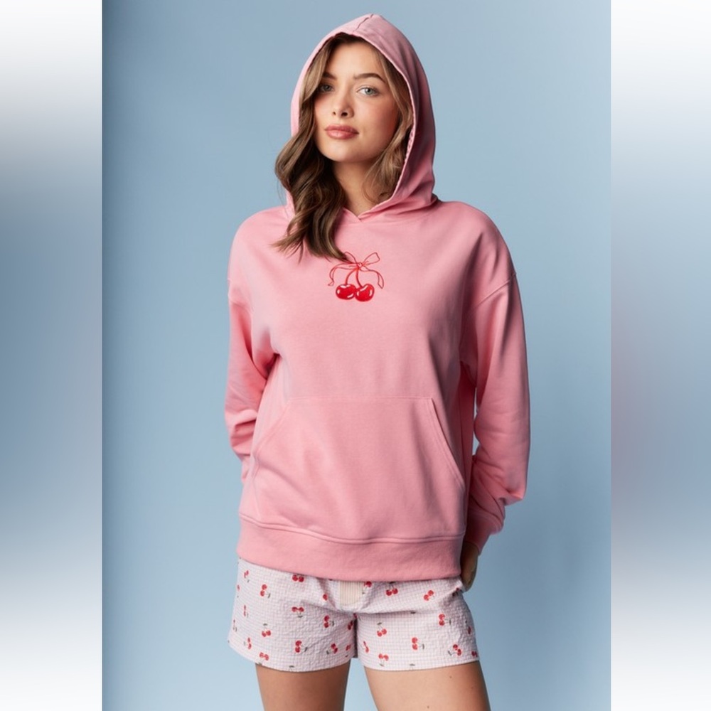 756. Embroidered cherry pullover hoodie sweatshirt pink